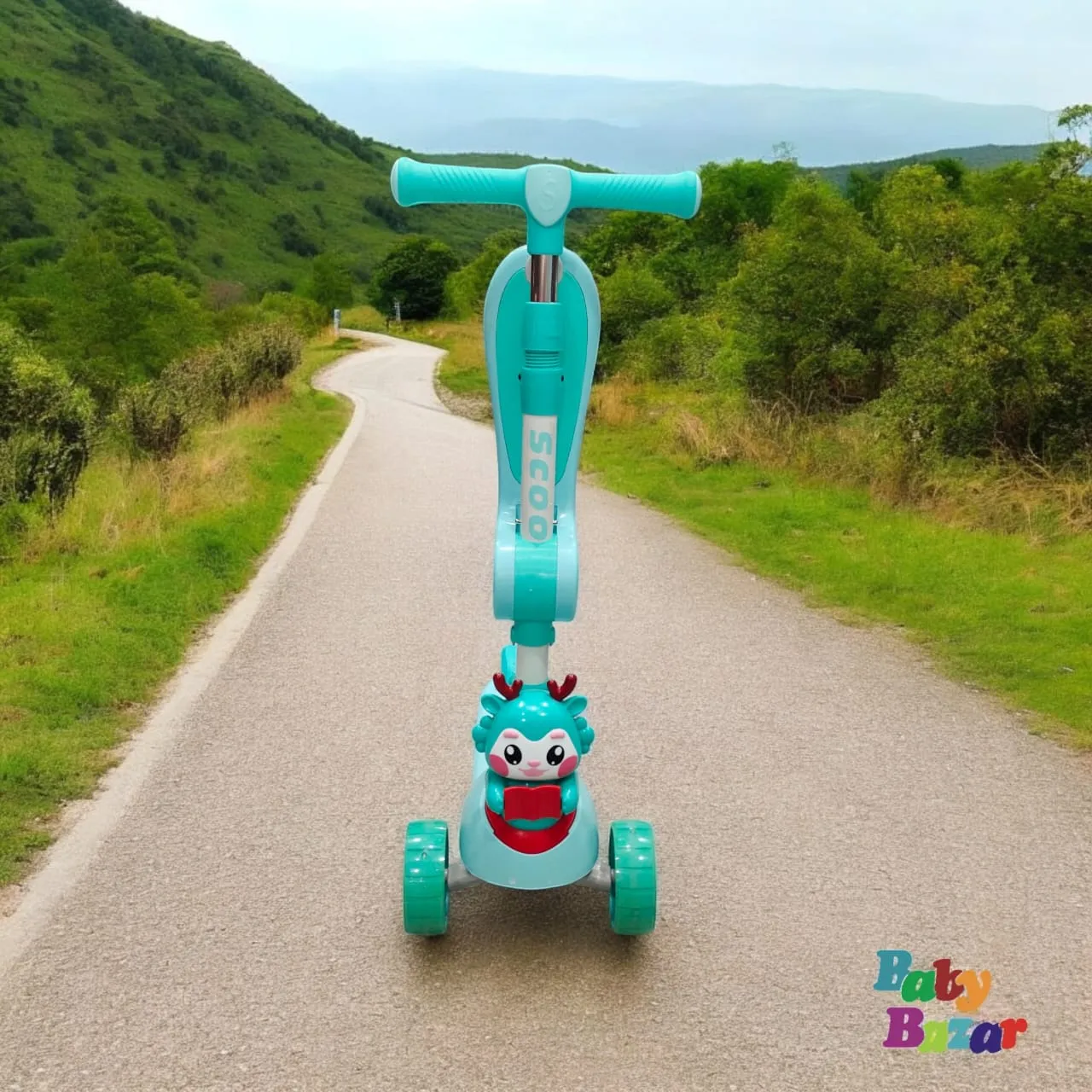 3-Wheel Foldable & Adjustable Kids Scooter with Lights - Light Blue Color