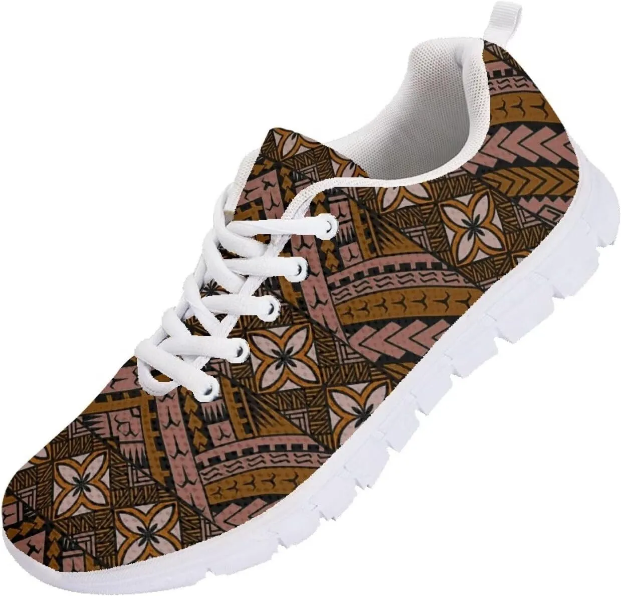 AmzPrint Walking Running Shoes Hawaiian Polynesian Island Ethnic Tribal Print White Sole Samoa Shoes Women Casual Sneakers