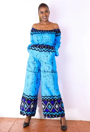 Ayaba Women's African Print Off-shoulder Jumpsuit (Blue)