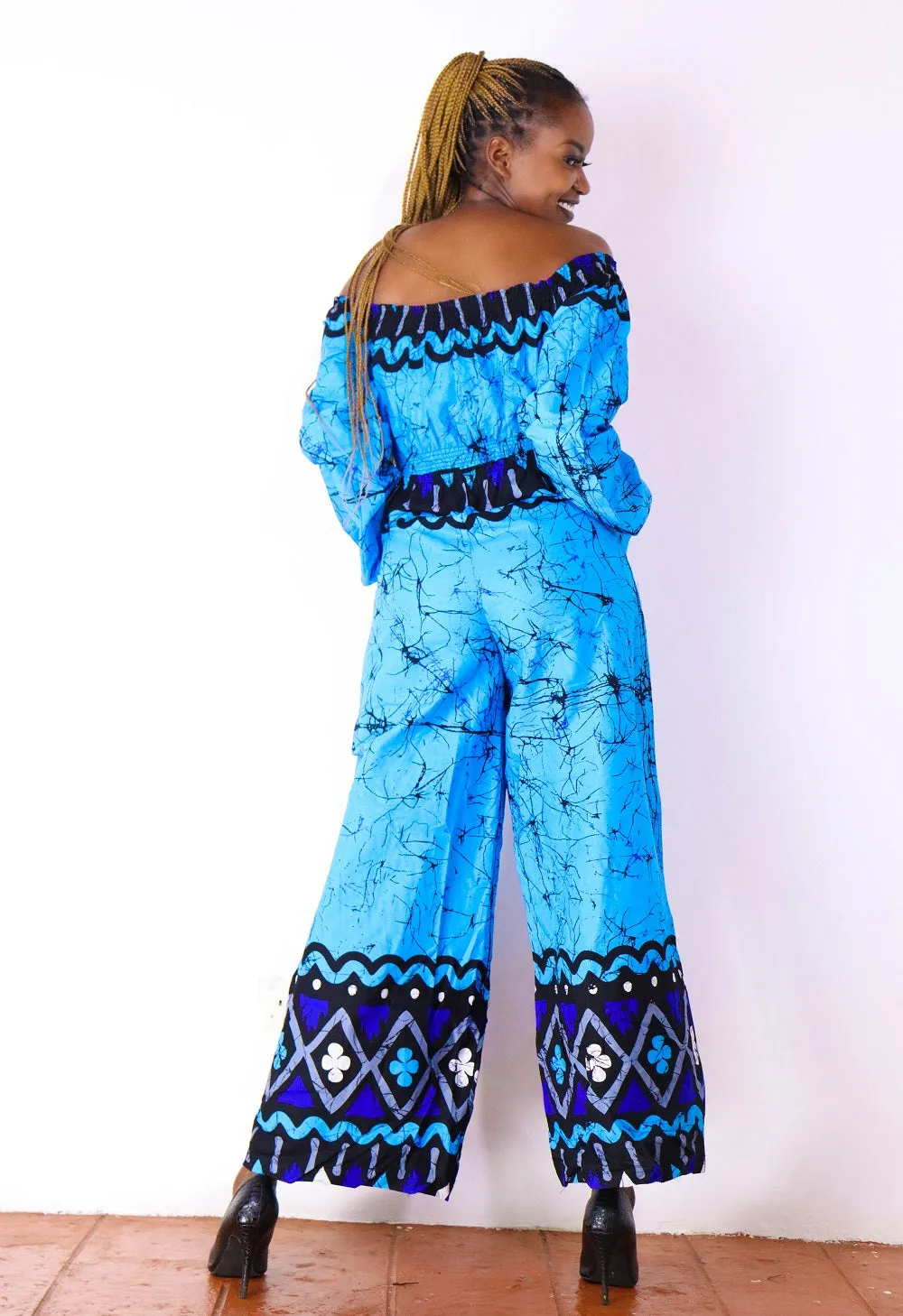 Ayaba Women's African Print Off-shoulder Jumpsuit (Blue)