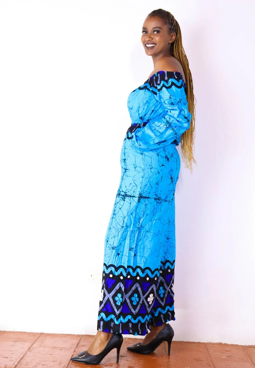 Ayaba Women's African Print Off-shoulder Jumpsuit (Blue)