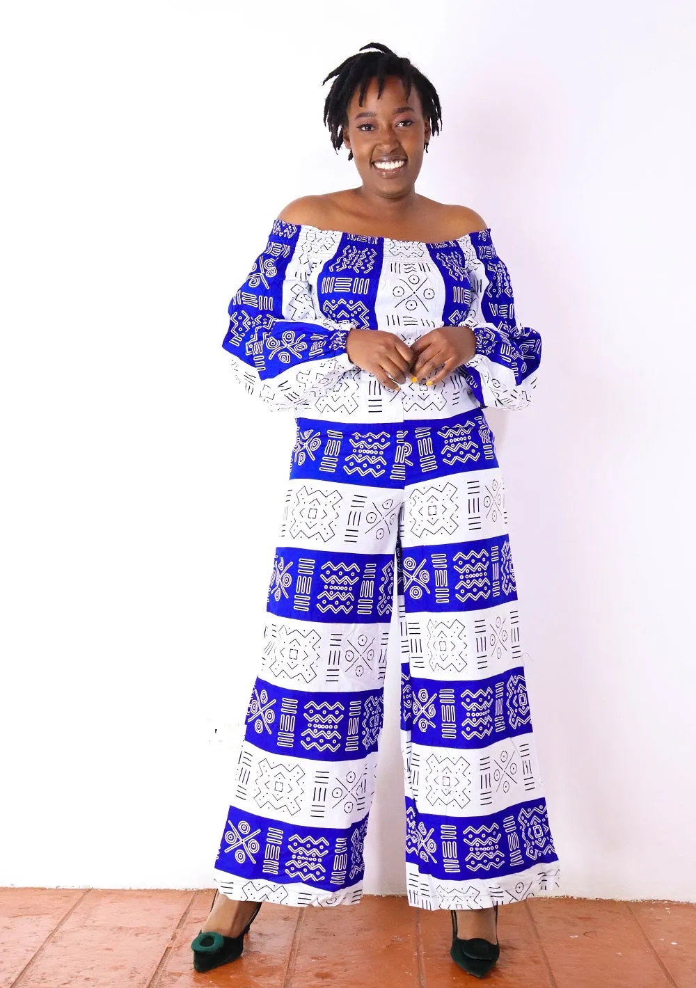 Ayaba Women's African Print Off-shoulder Jumpsuit (White and Blue)