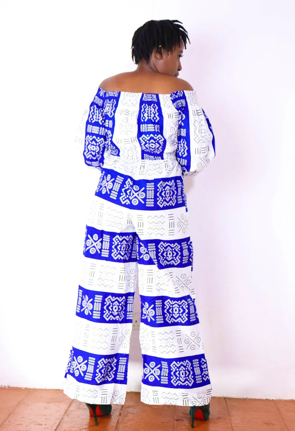 Ayaba Women's African Print Off-shoulder Jumpsuit (White and Blue)