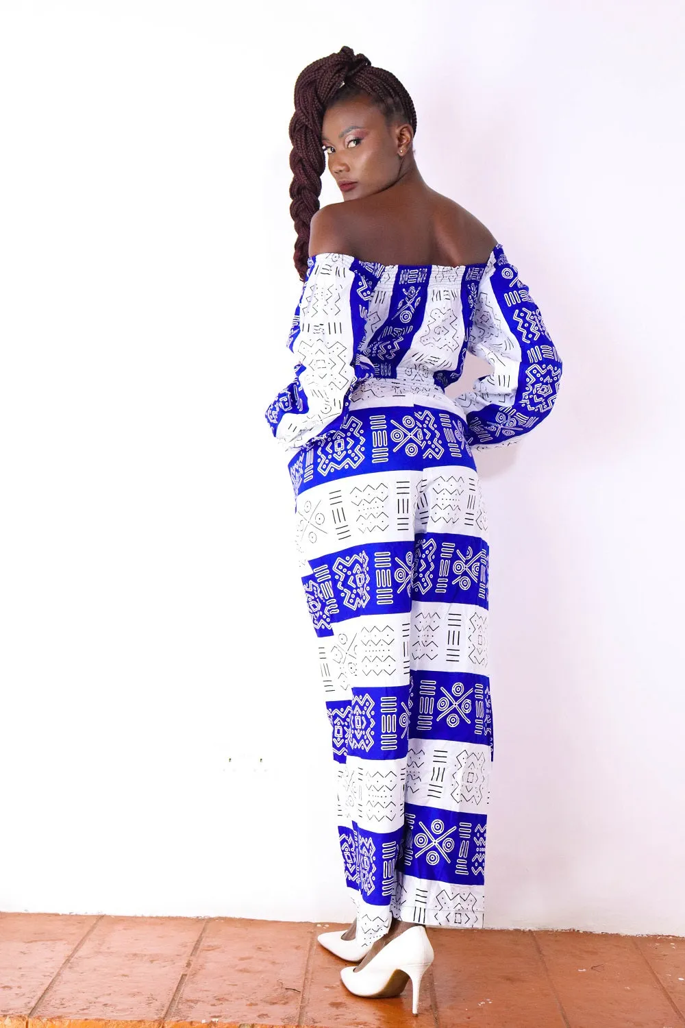 Ayaba Women's African Print Off-shoulder Jumpsuit (White and Blue)
