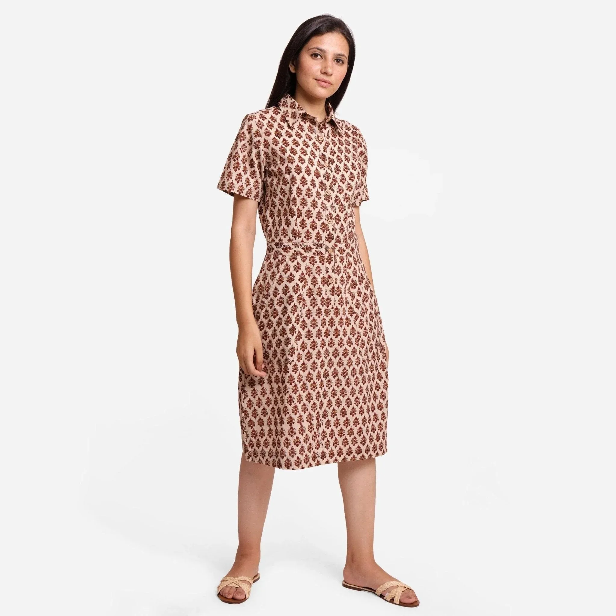Beige Block Printed Cotton Midi Shift Dress