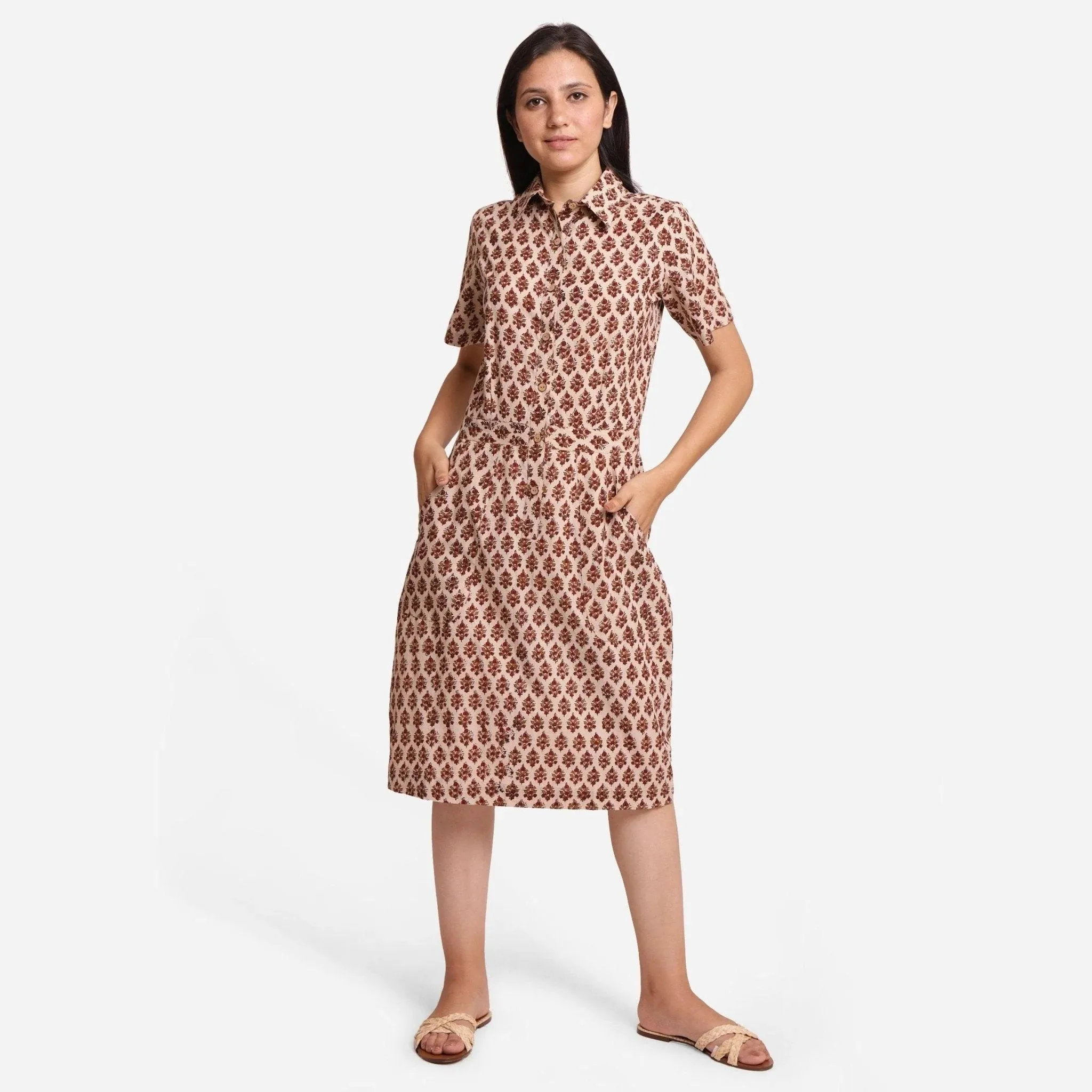 Beige Block Printed Cotton Midi Shift Dress