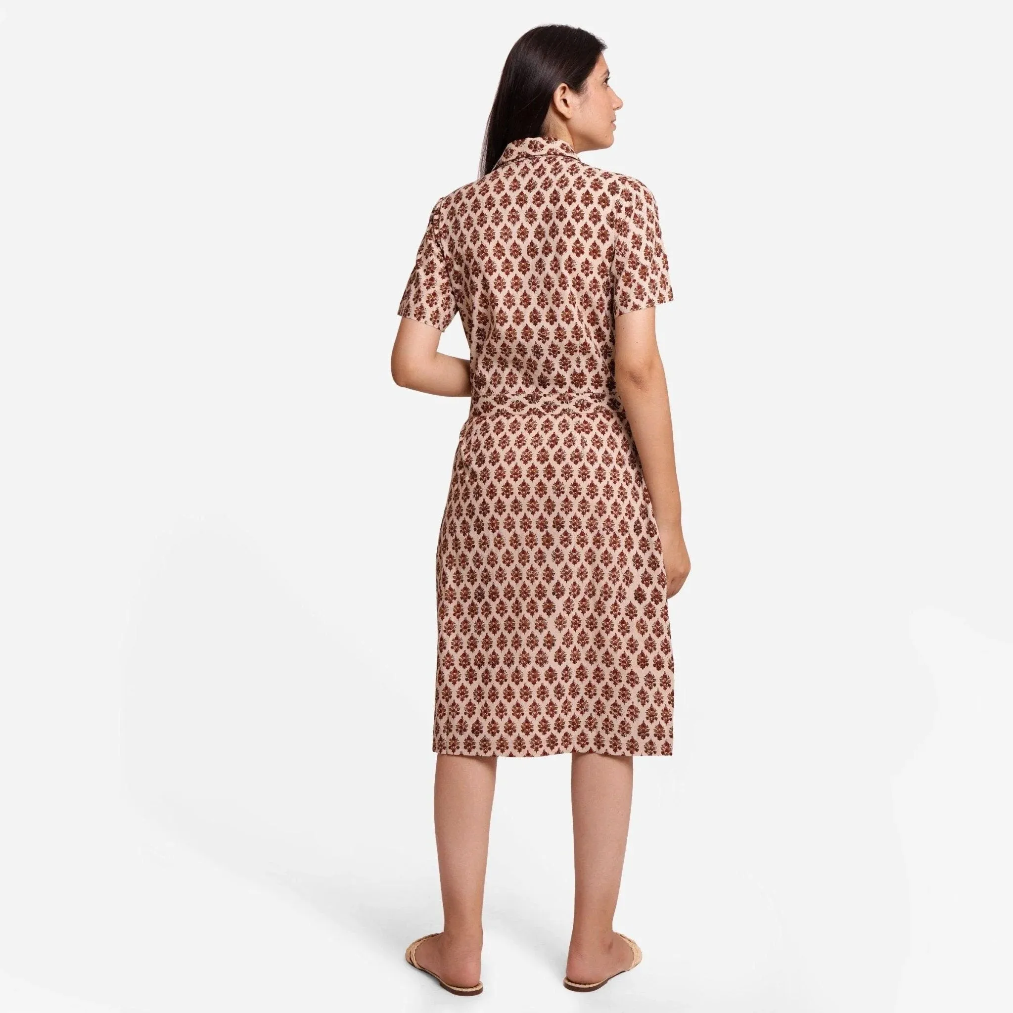 Beige Block Printed Cotton Midi Shift Dress