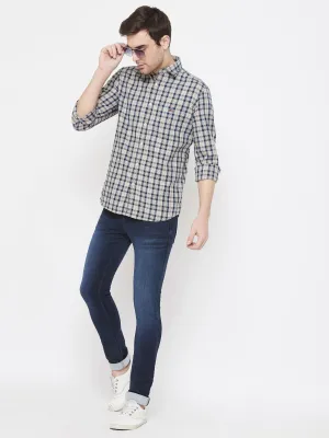 Beige Checked Spread Collar Slim Fit Shirt