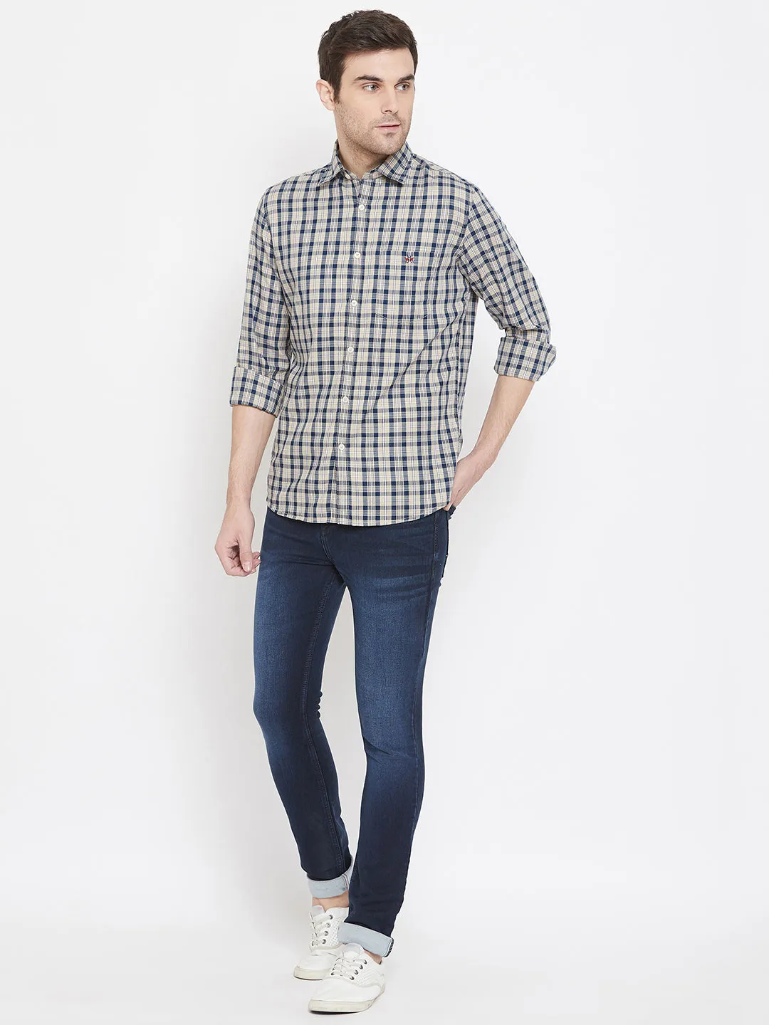 Beige Checked Spread Collar Slim Fit Shirt