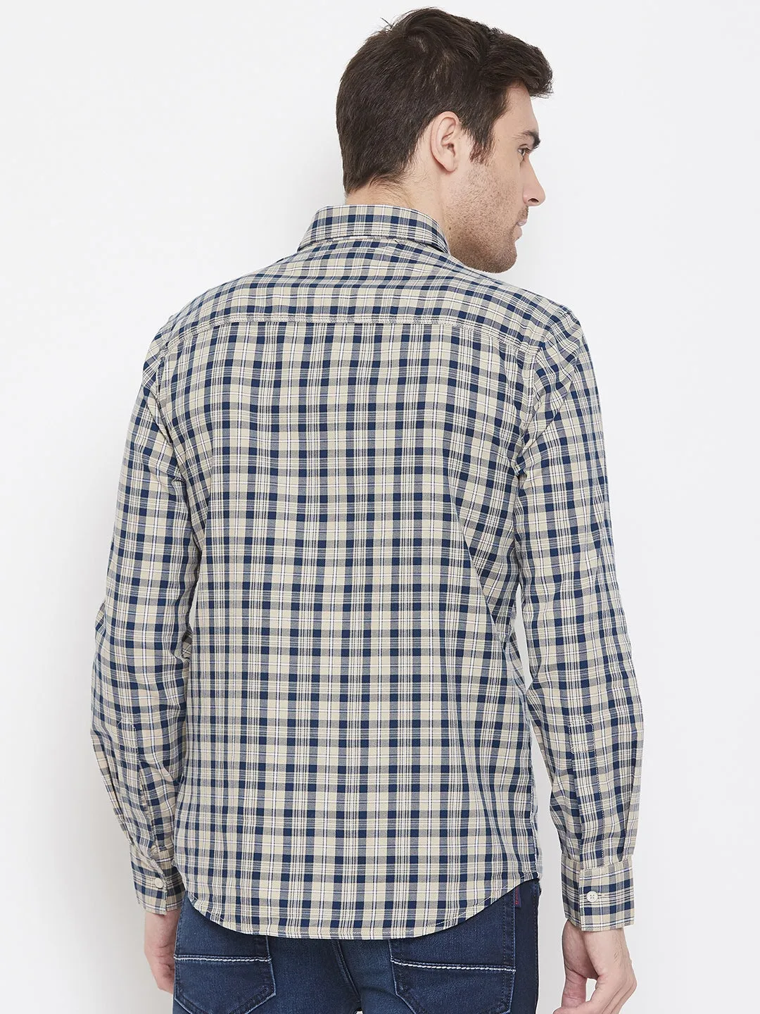Beige Checked Spread Collar Slim Fit Shirt