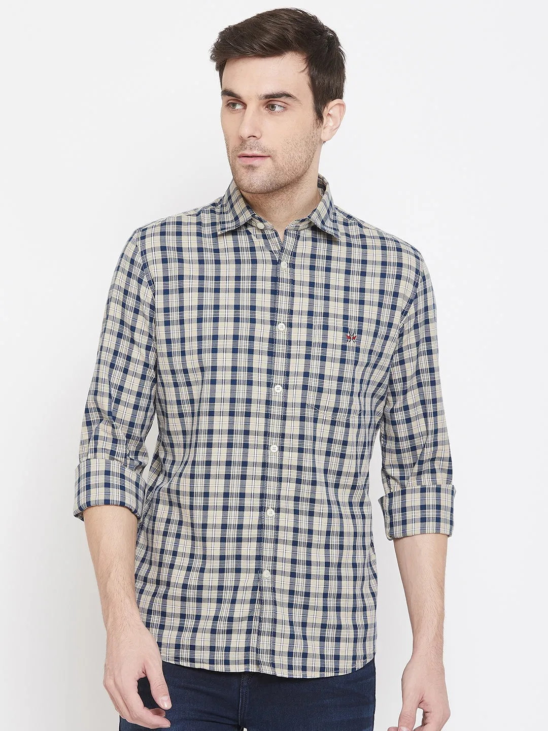 Beige Checked Spread Collar Slim Fit Shirt