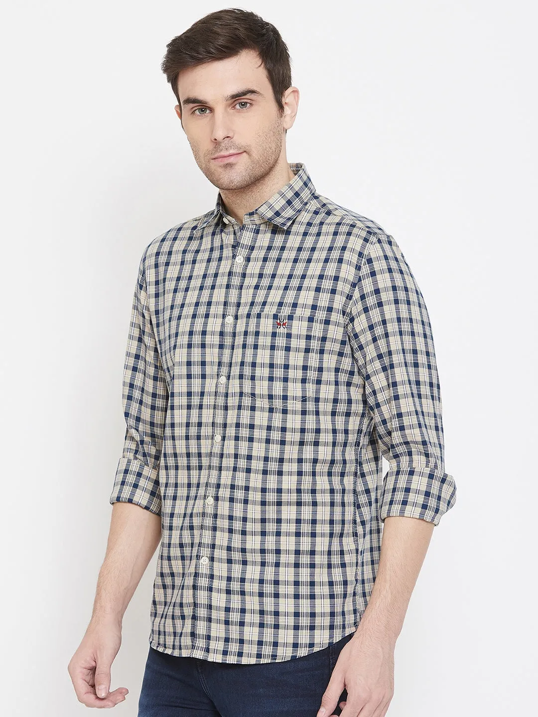 Beige Checked Spread Collar Slim Fit Shirt
