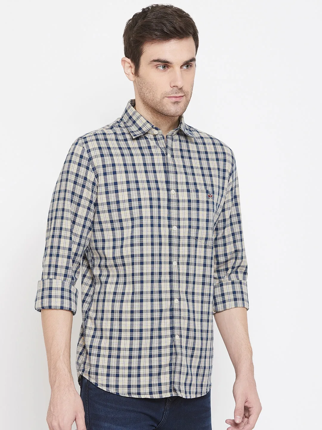 Beige Checked Spread Collar Slim Fit Shirt