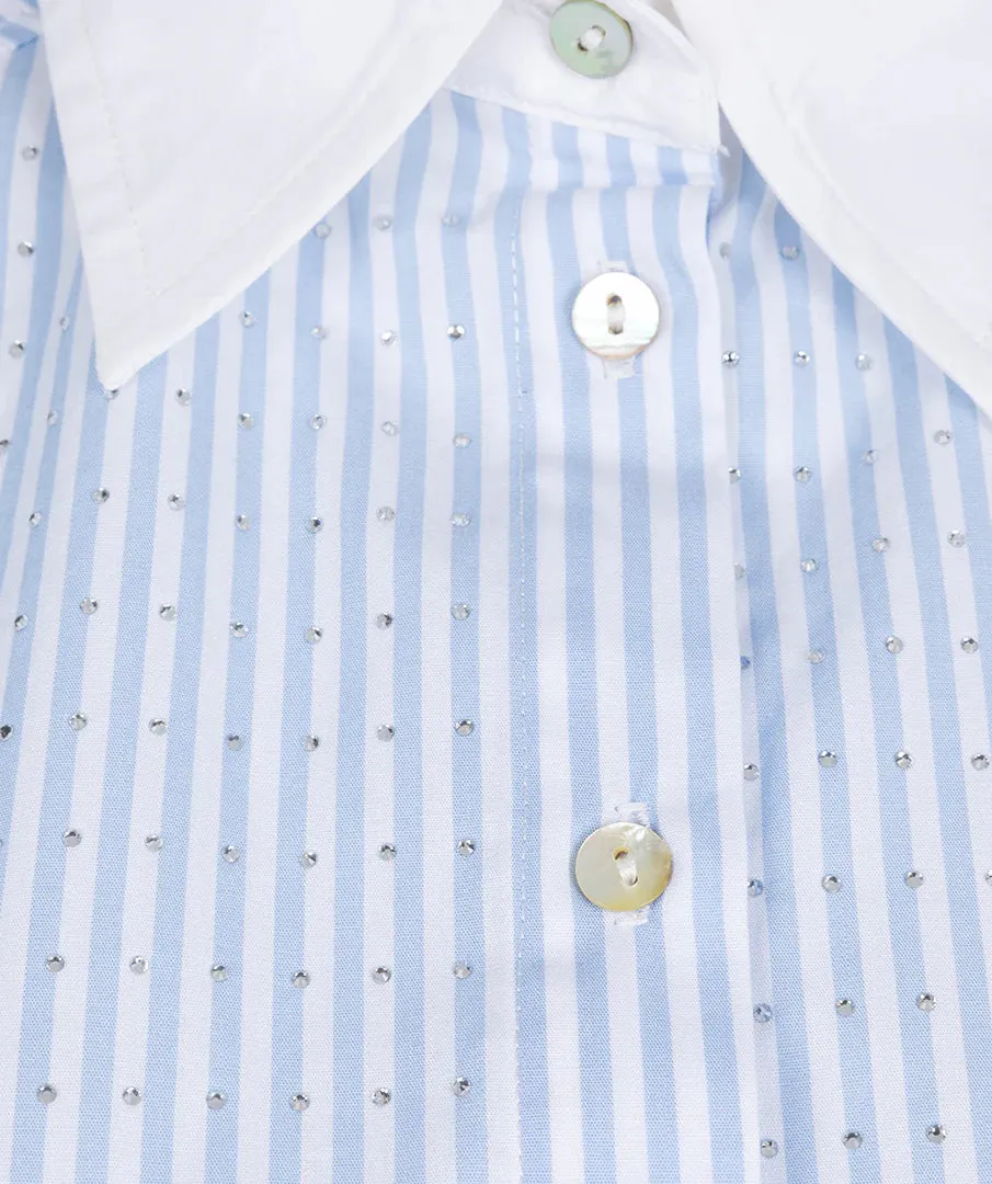 Berritt Blouse Rhinestones Blue and White Striped - EsQualo SP25.10032