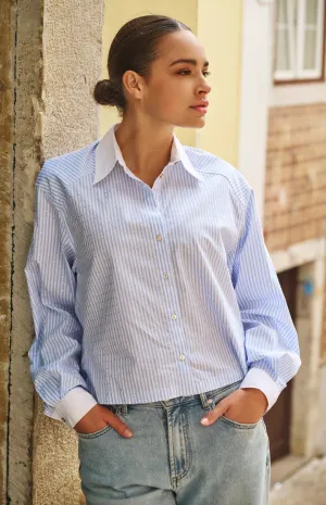 Berritt Blouse Rhinestones Blue and White Striped - EsQualo SP25.10032