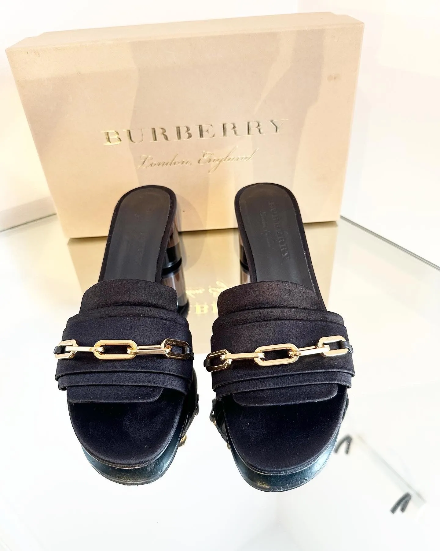 BURBERRY Coleford Satin Chain Embellished Mid-Block Heel Slide Sandals