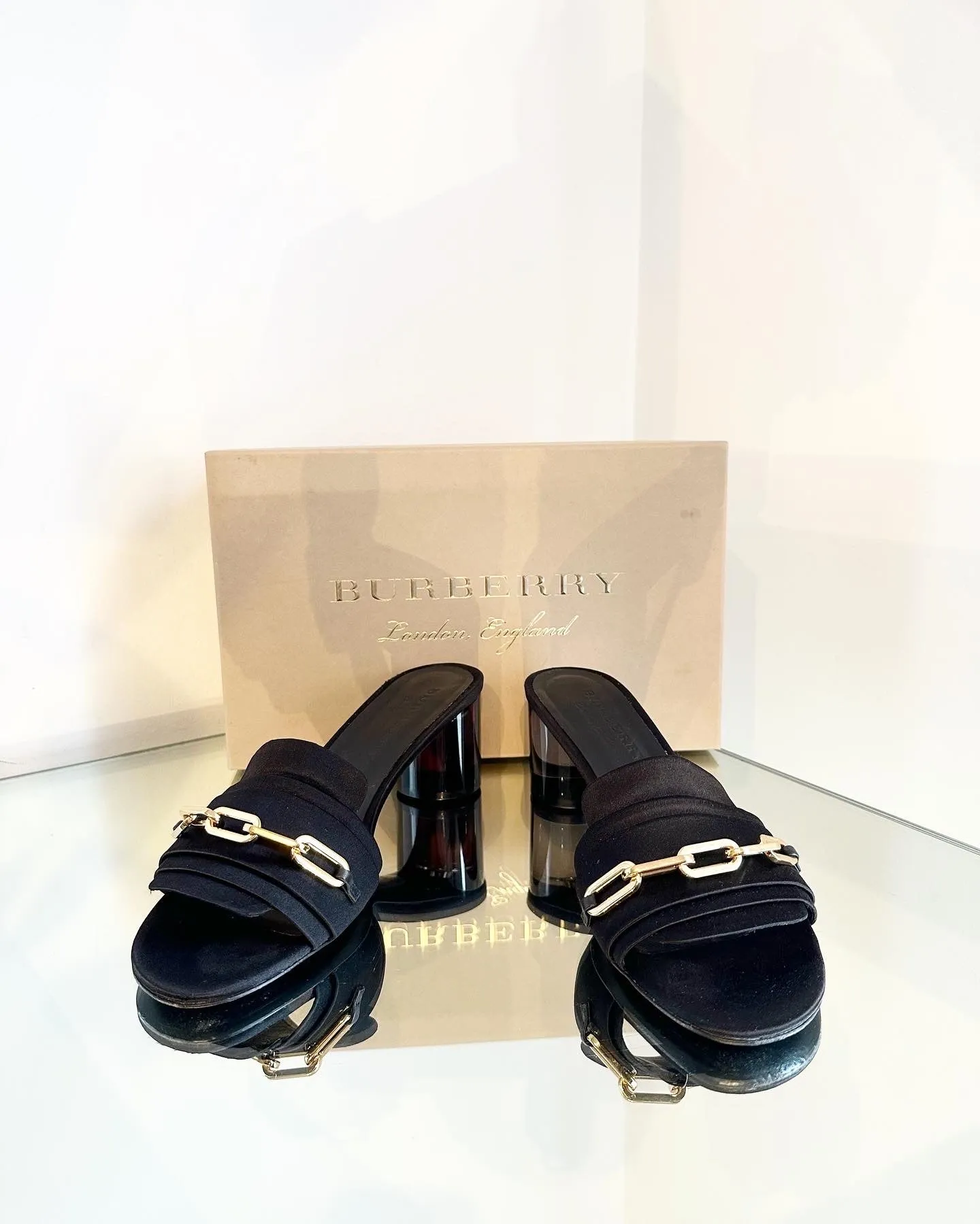 BURBERRY Coleford Satin Chain Embellished Mid-Block Heel Slide Sandals