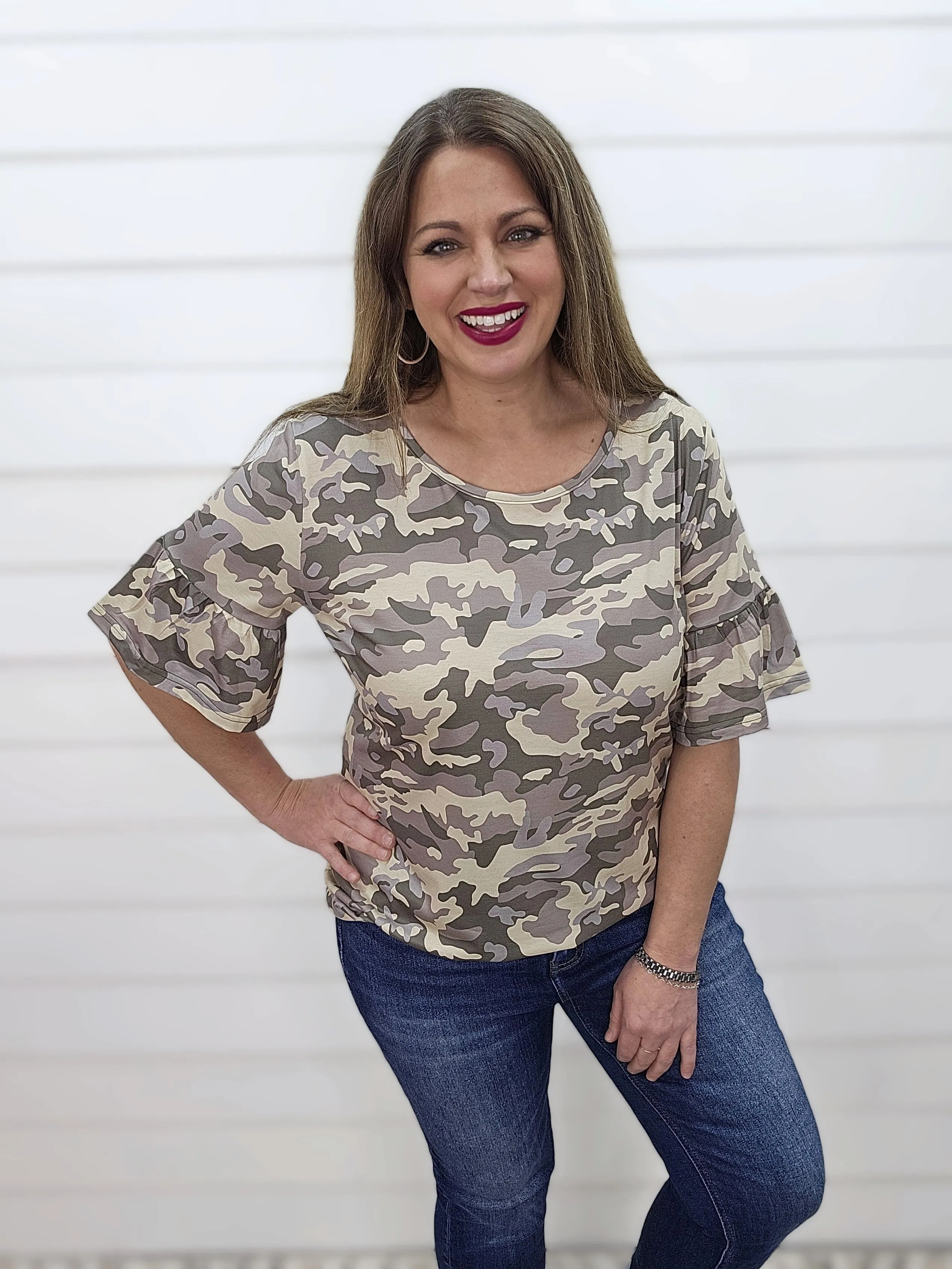Camo Flare Sleeve Top