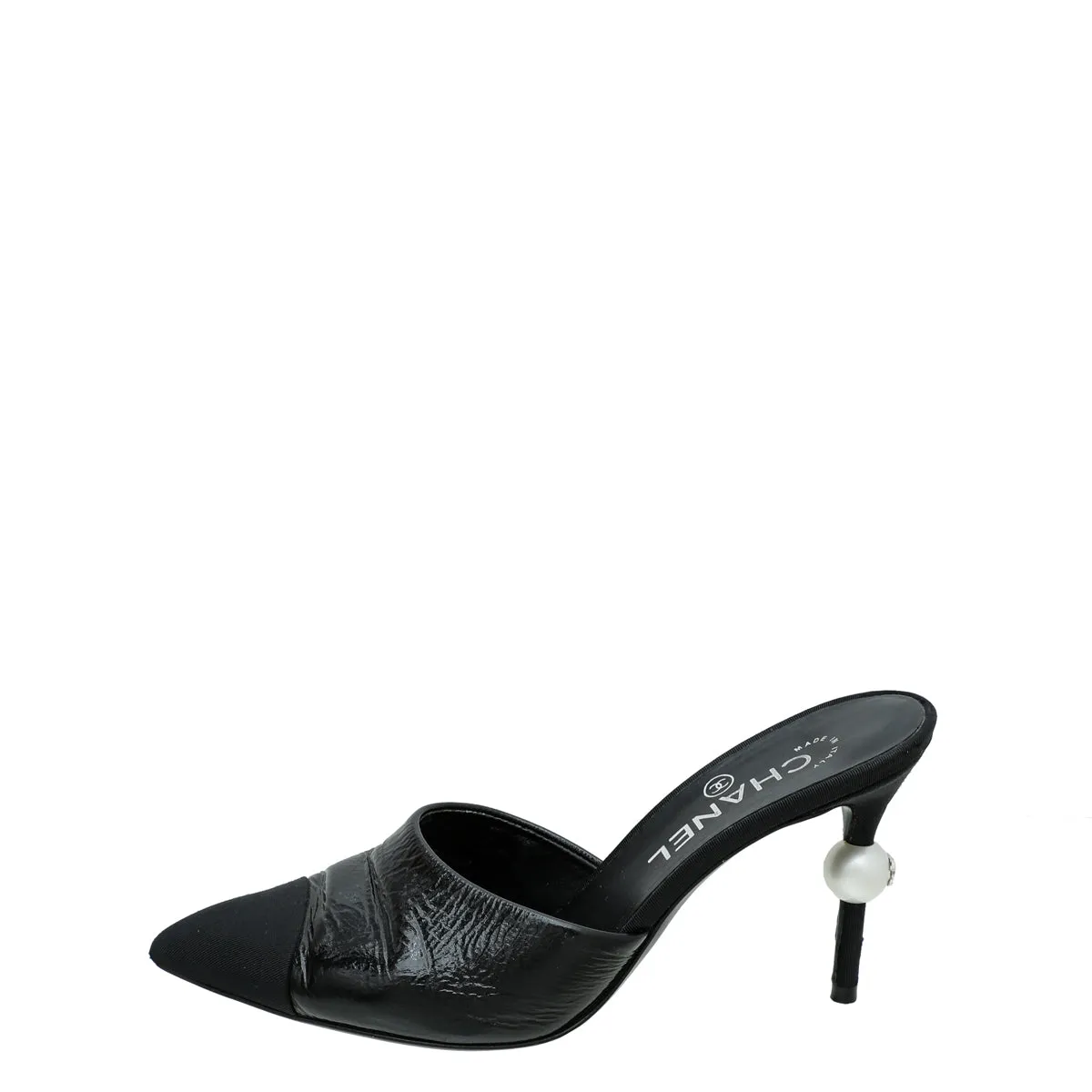 Chanel Black CC Grosgrain Cap Toe Pearl Mule 36