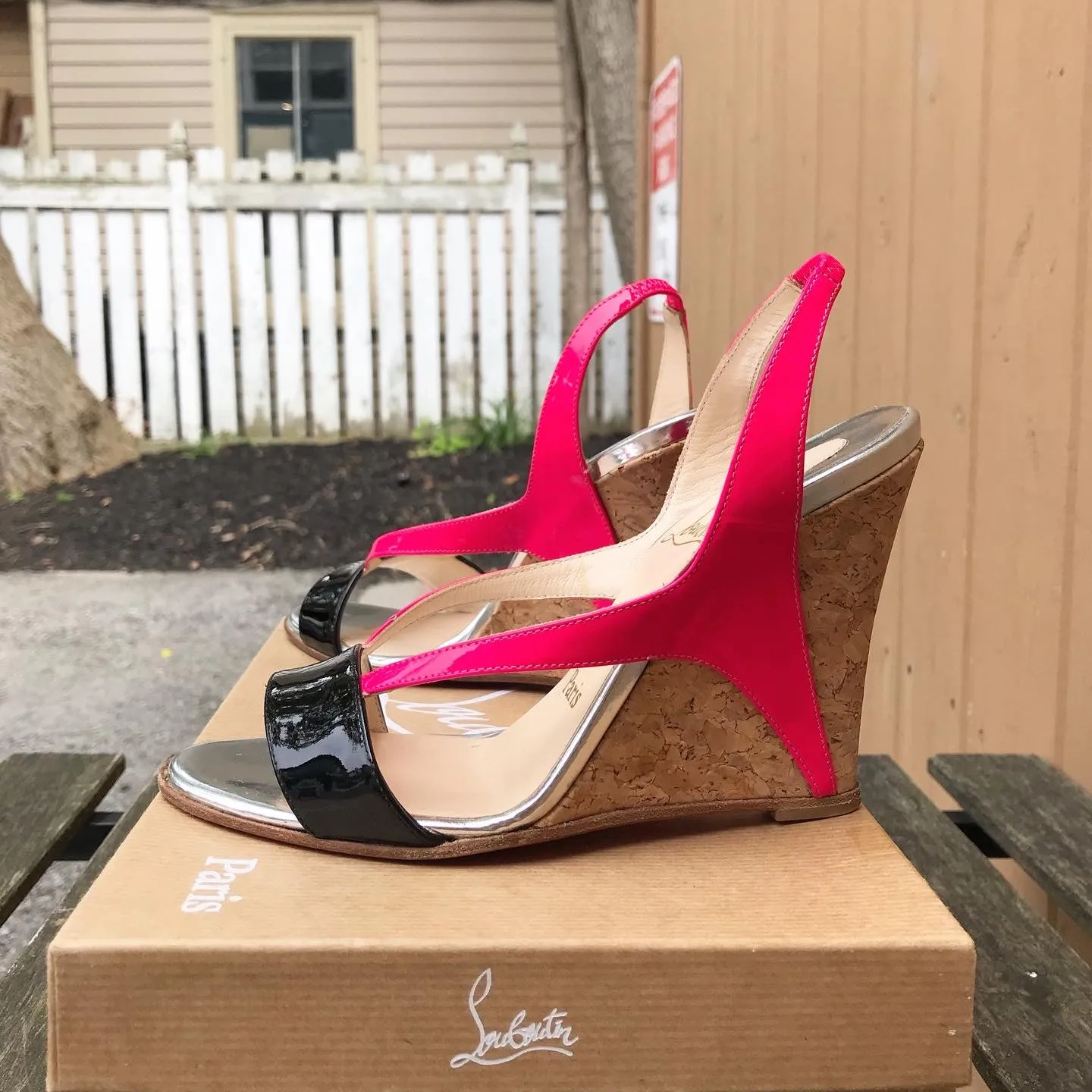 CHRISTIAN LOUBOUTIN Yasmin Patent Leather Cork Wedge Sandals