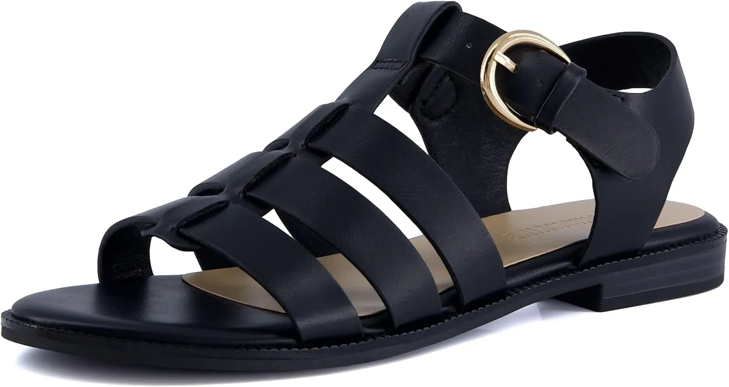 CUSHIONAIRE London Womens Strappy Fisherman Sandal  Vegan Leather Gladiator Style with Adjustable Ankle Strap   Memory Foam
