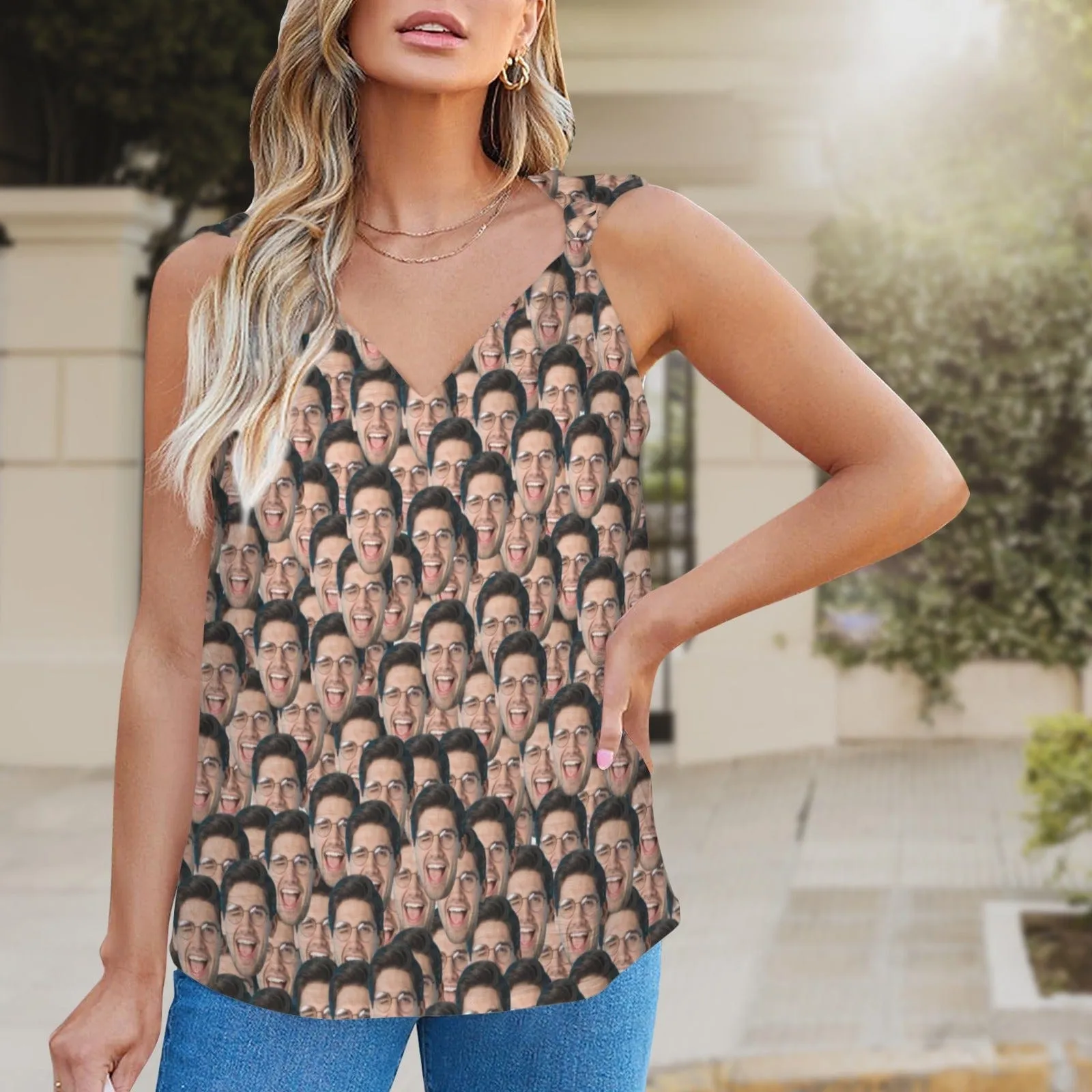 Custom Face Seamless Top Personalized V-Neck Knotted Sleeveless Tank Tops for Women