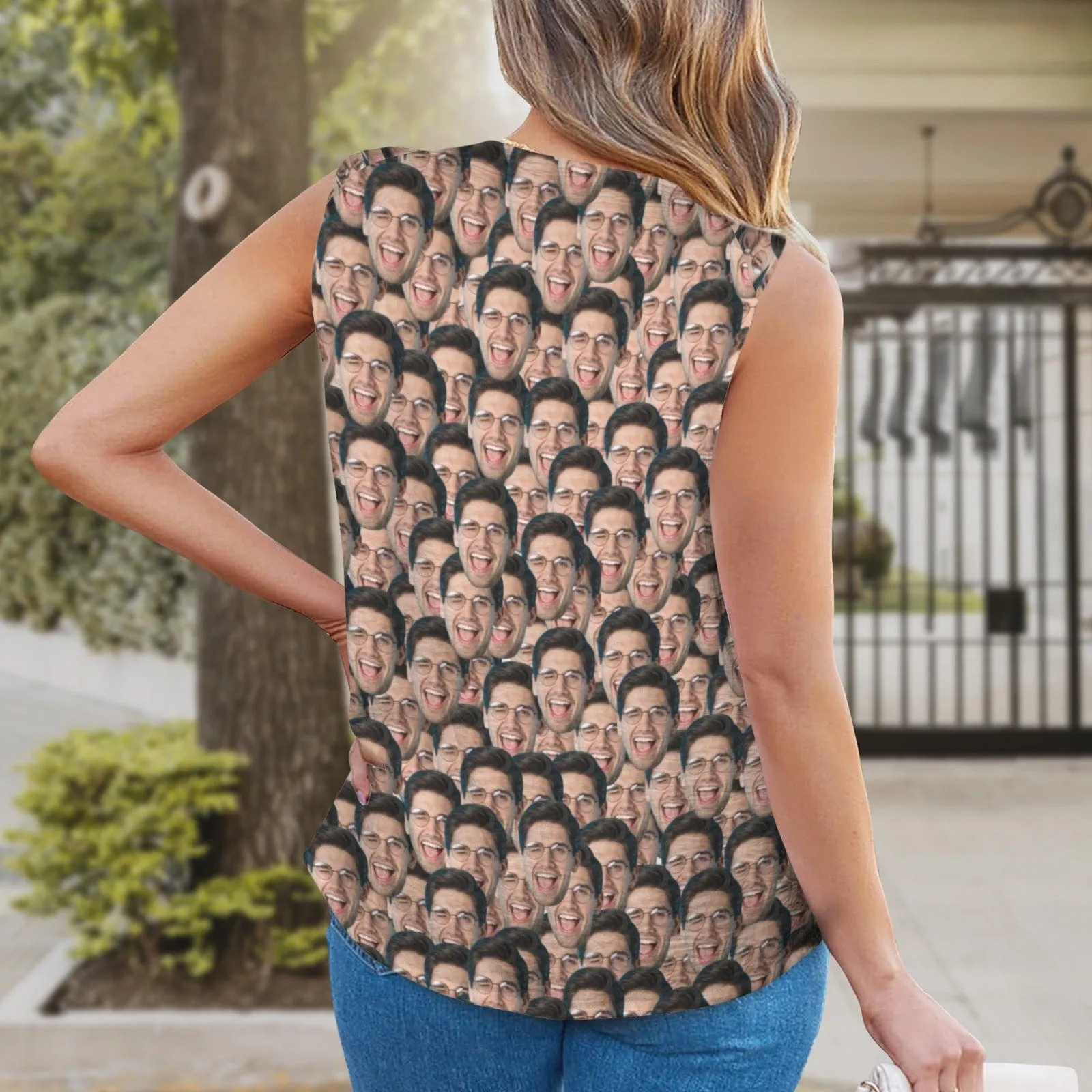 Custom Face Seamless Top Personalized V-Neck Knotted Sleeveless Tank Tops for Women