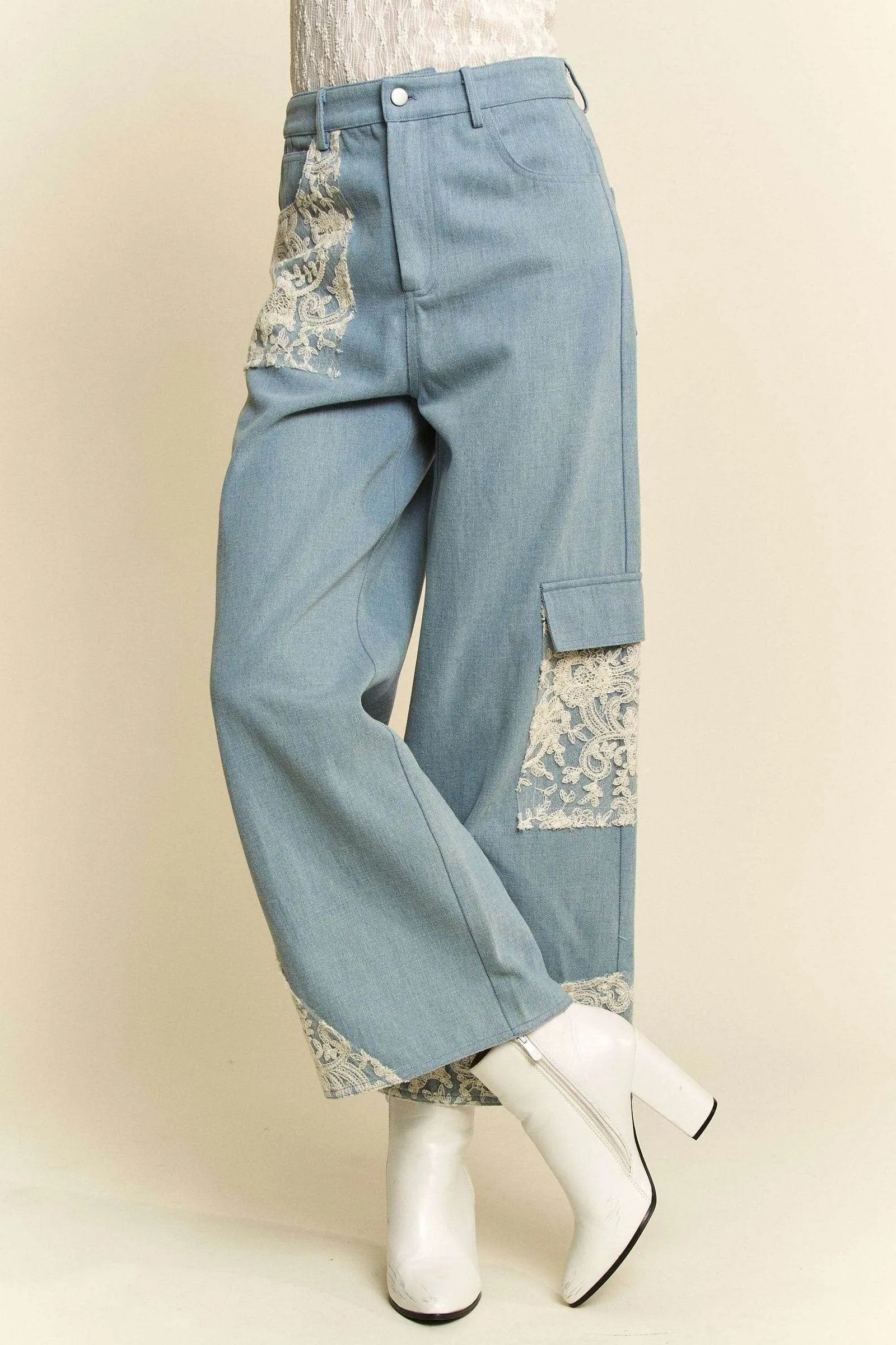 Davi & Dani Lace Applique Wide Leg Jeans In Light