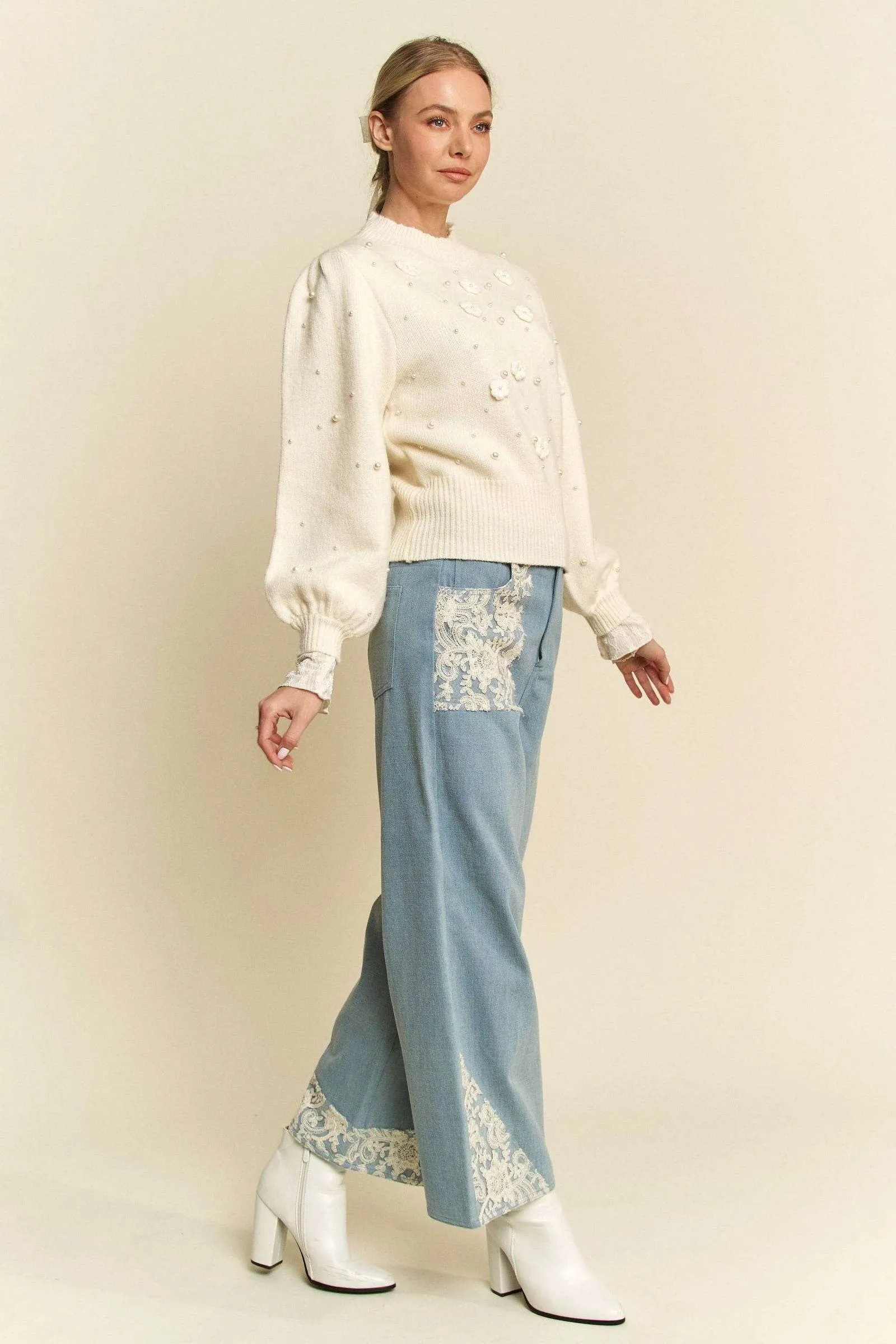 Davi & Dani Lace Applique Wide Leg Jeans In Light
