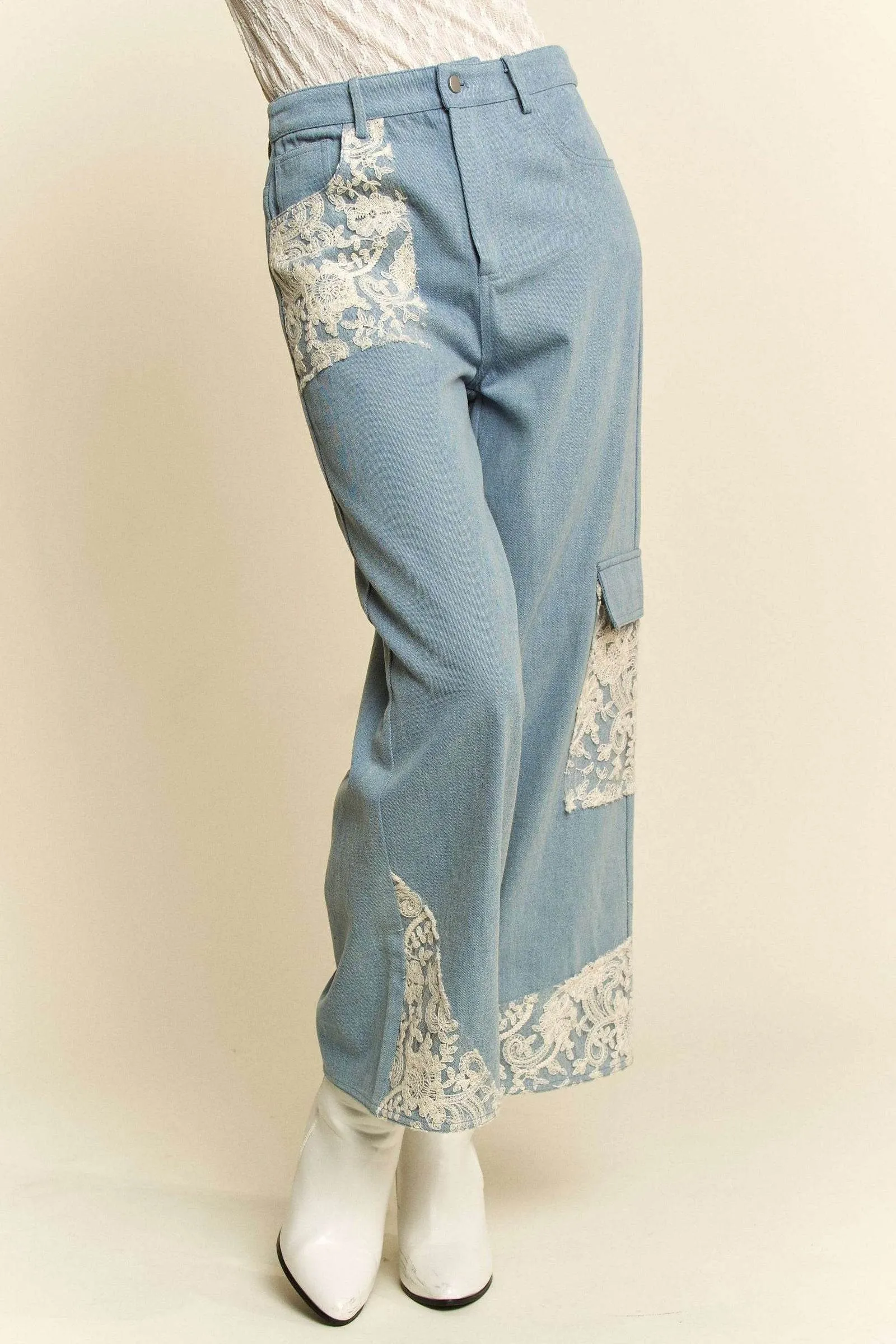 Davi & Dani Lace Applique Wide Leg Jeans In Light