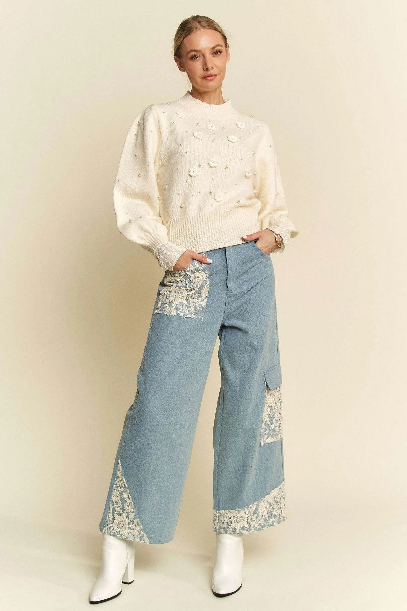 Davi & Dani Lace Applique Wide Leg Jeans In Light