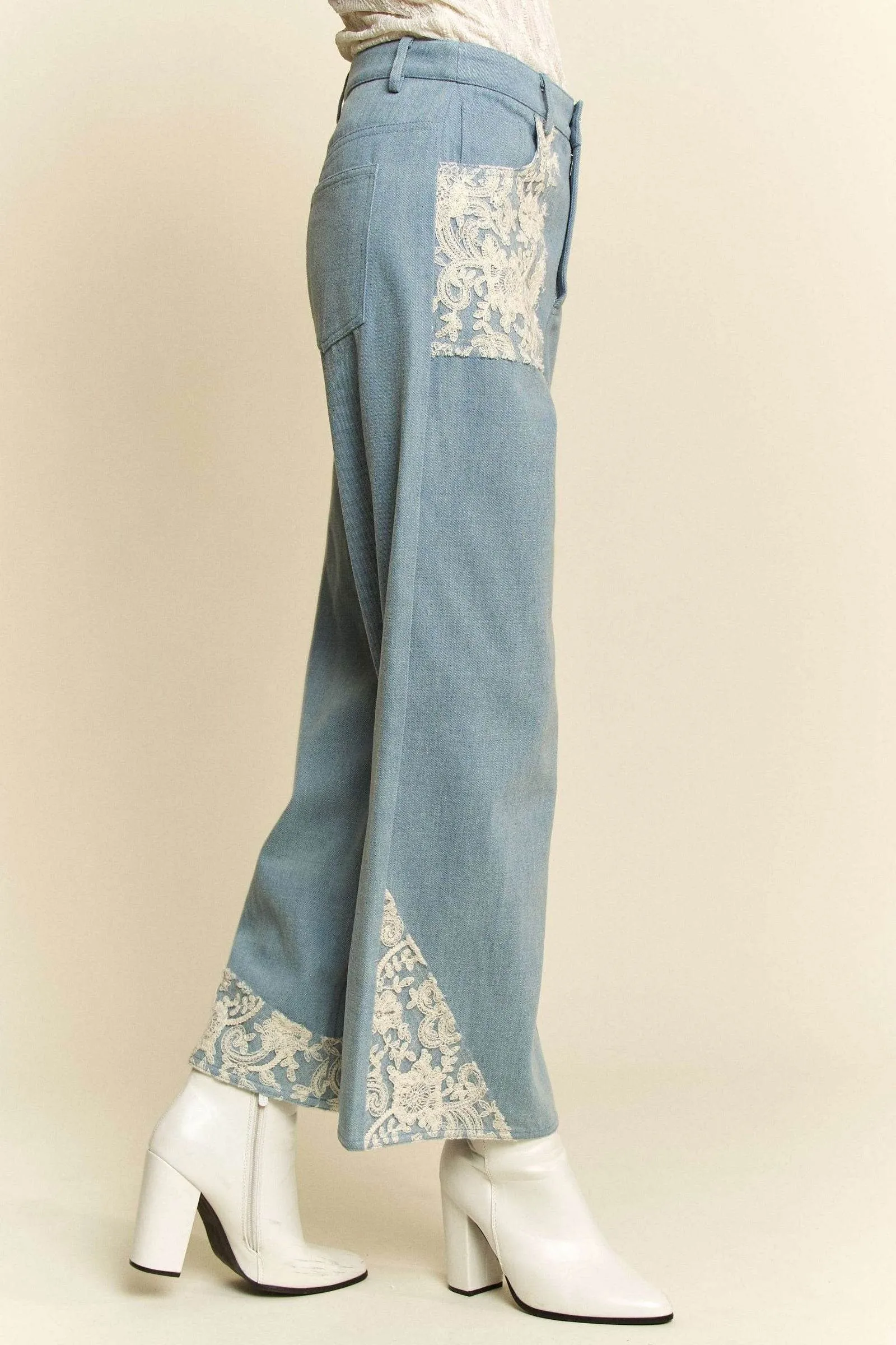Davi & Dani Lace Applique Wide Leg Jeans In Light