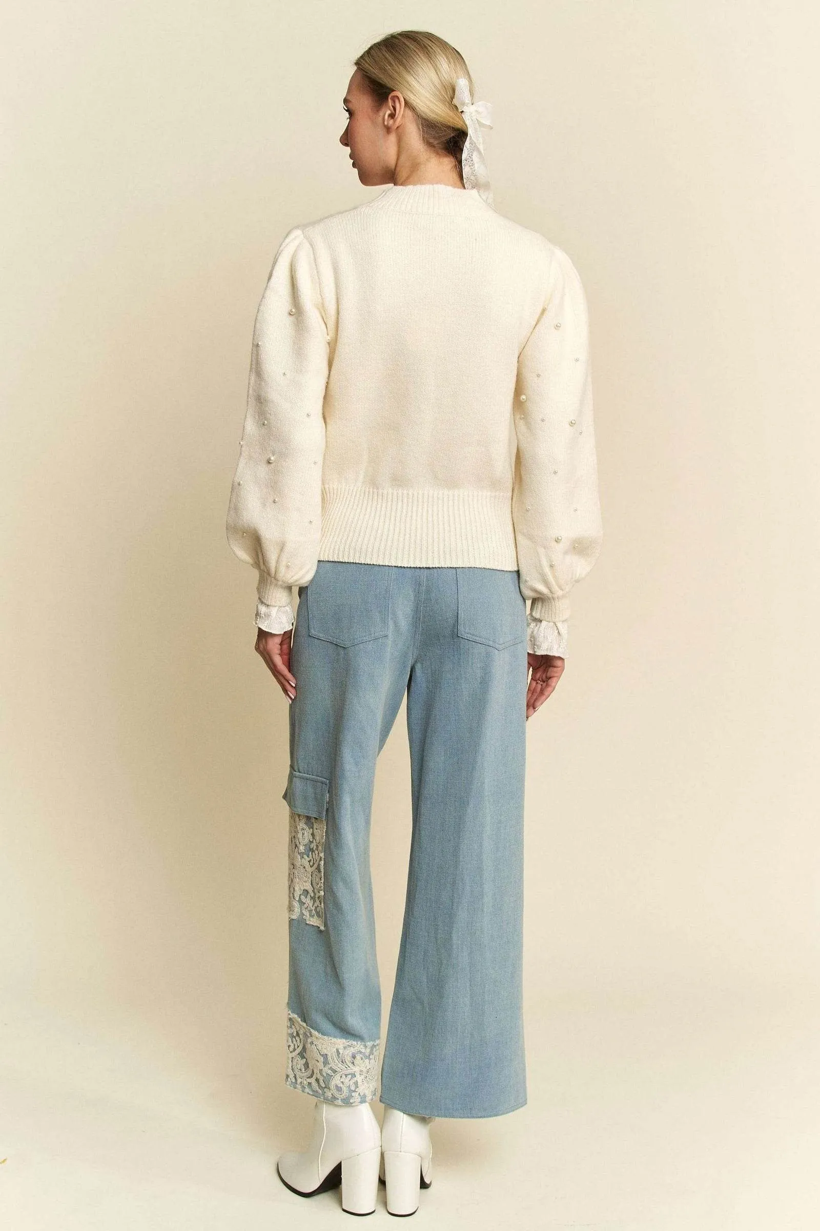 Davi & Dani Lace Applique Wide Leg Jeans In Light
