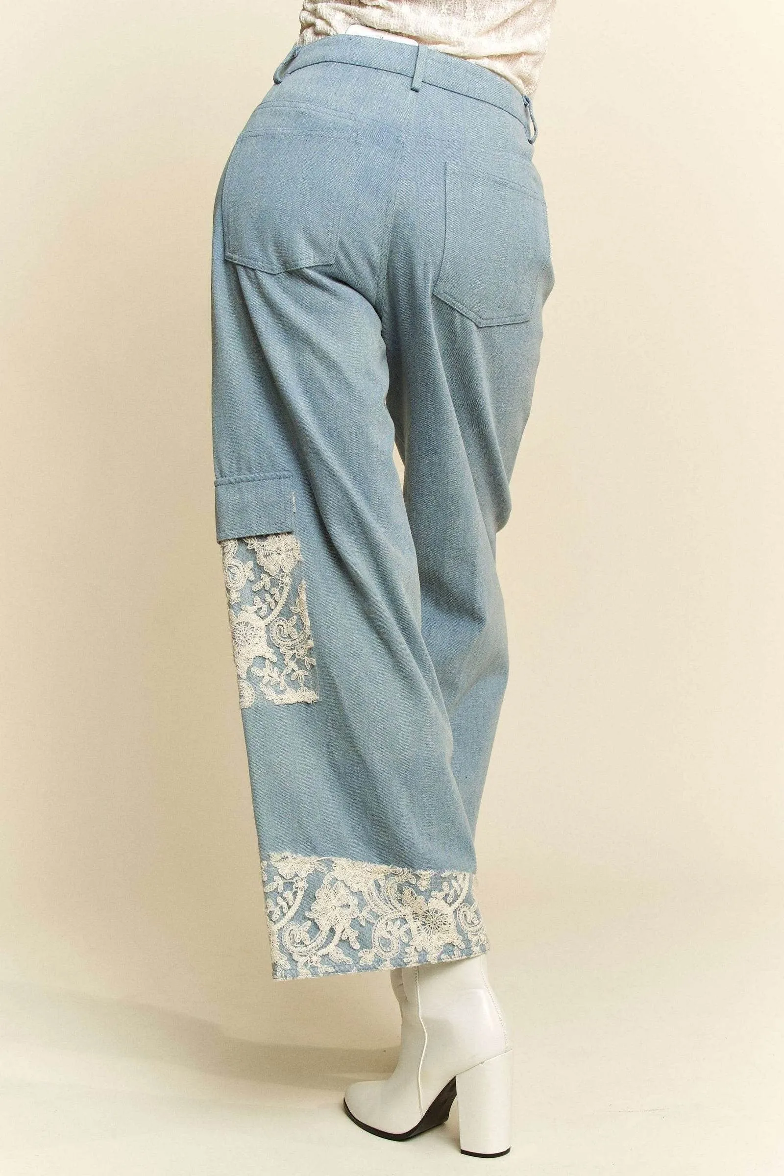 Davi & Dani Lace Applique Wide Leg Jeans In Light