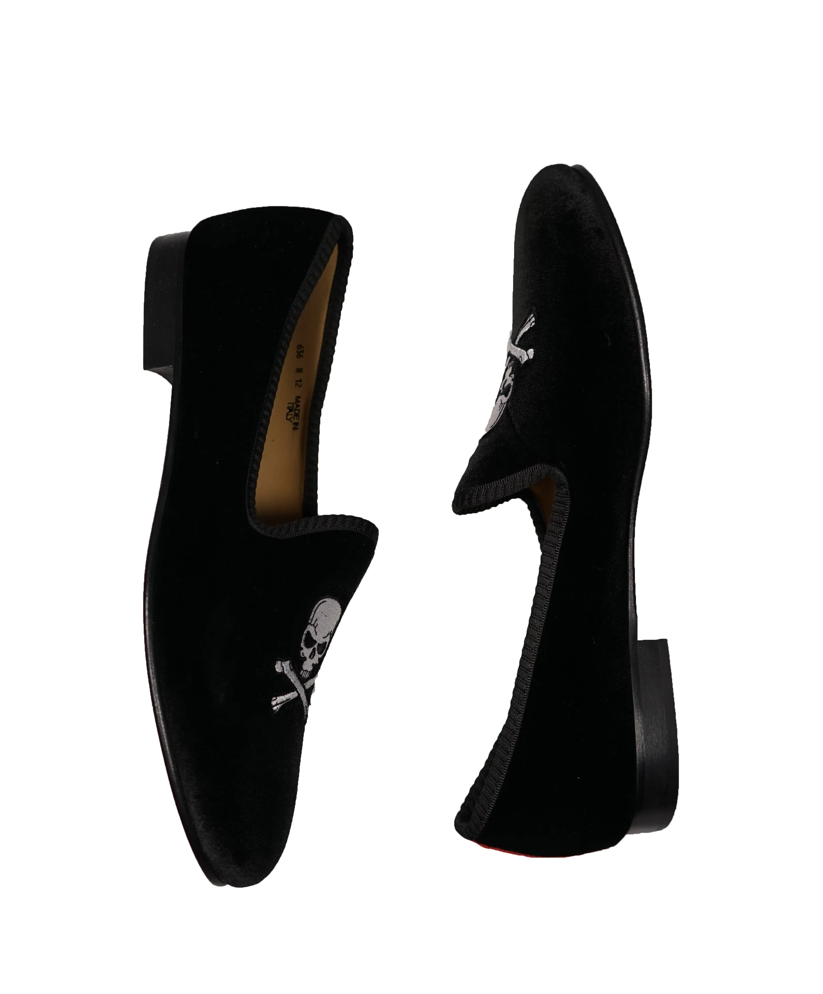 DEL TORO - Black Skull n’ Cross Bones Velvet Smoking Slippers Loafers - 12
