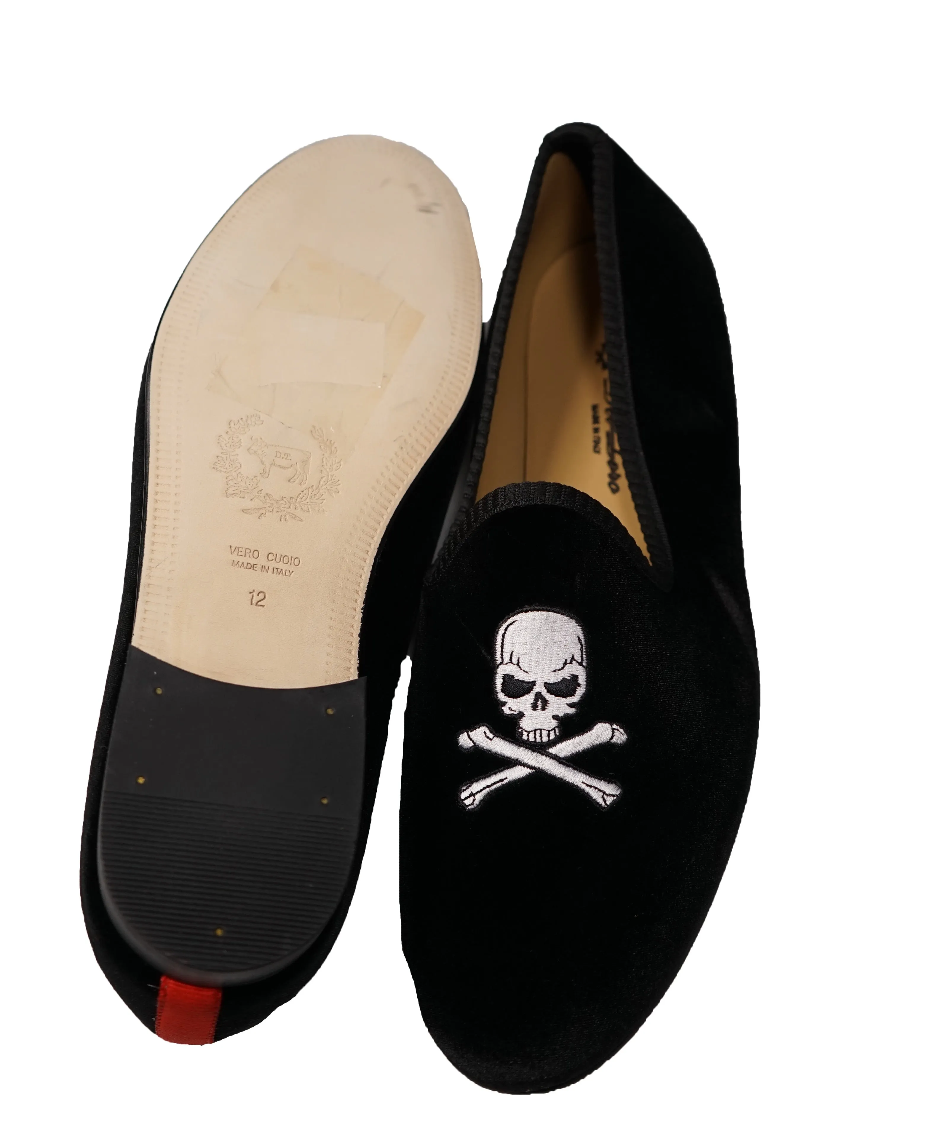DEL TORO - Black Skull n’ Cross Bones Velvet Smoking Slippers Loafers - 12