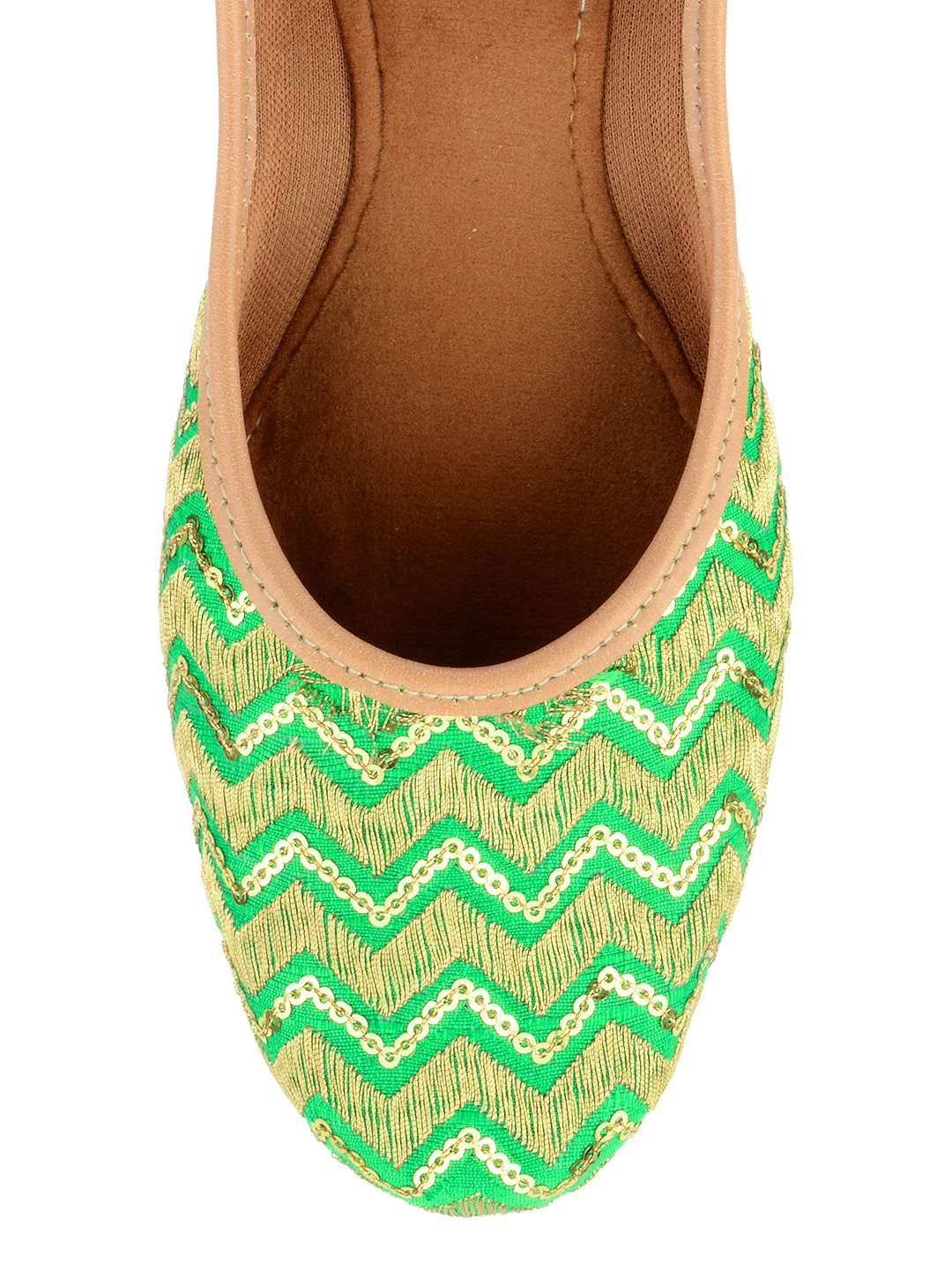 DESI COLOUR Women Green Embellished Leather Ethnic Ballerinas Flats
