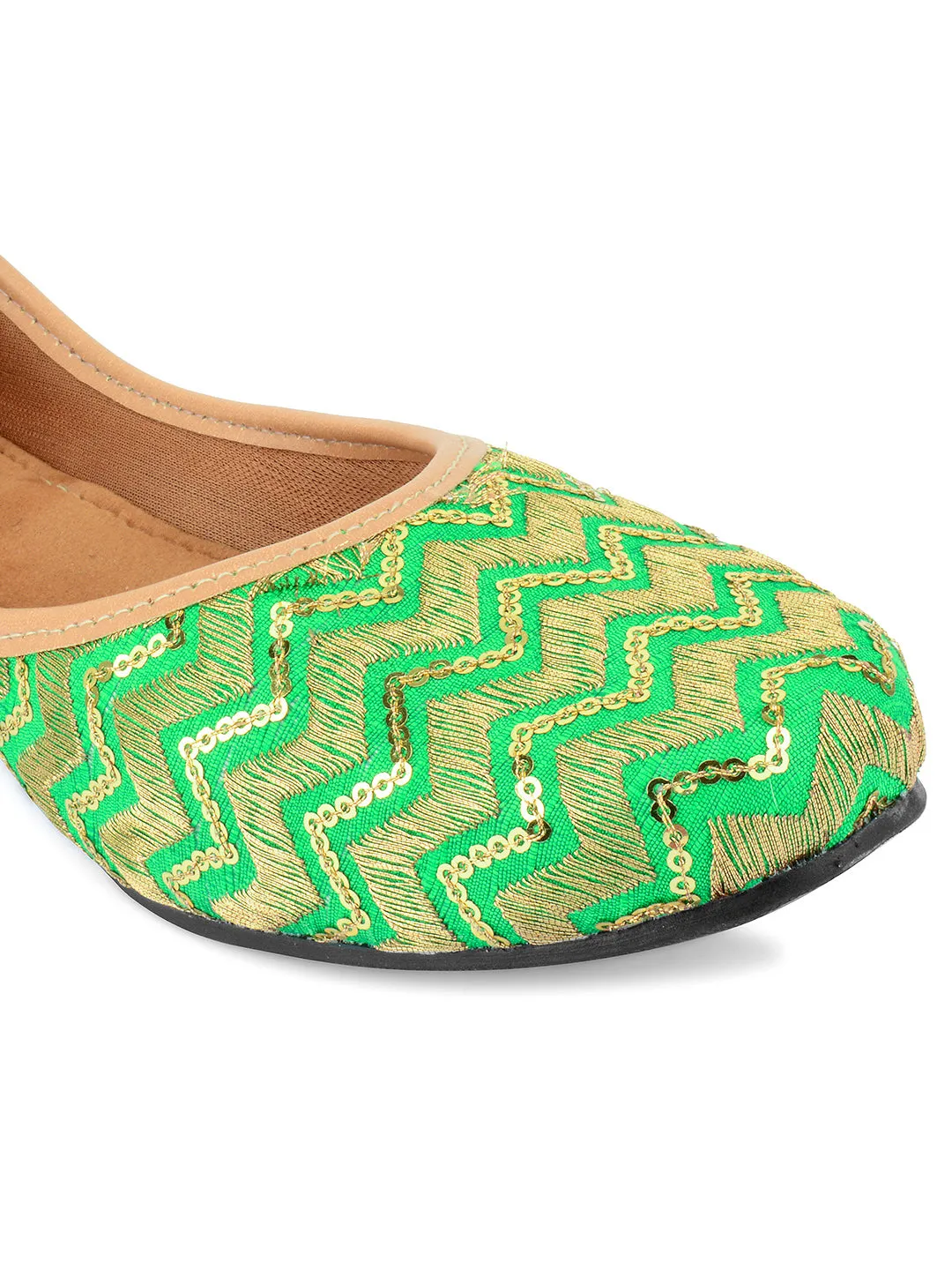 DESI COLOUR Women Green Embellished Leather Ethnic Ballerinas Flats