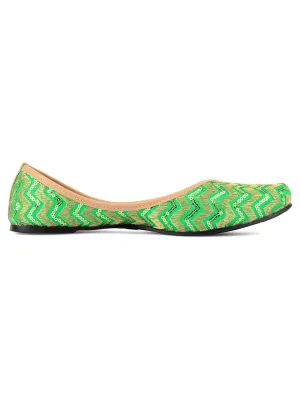 DESI COLOUR Women Green Embellished Leather Ethnic Ballerinas Flats