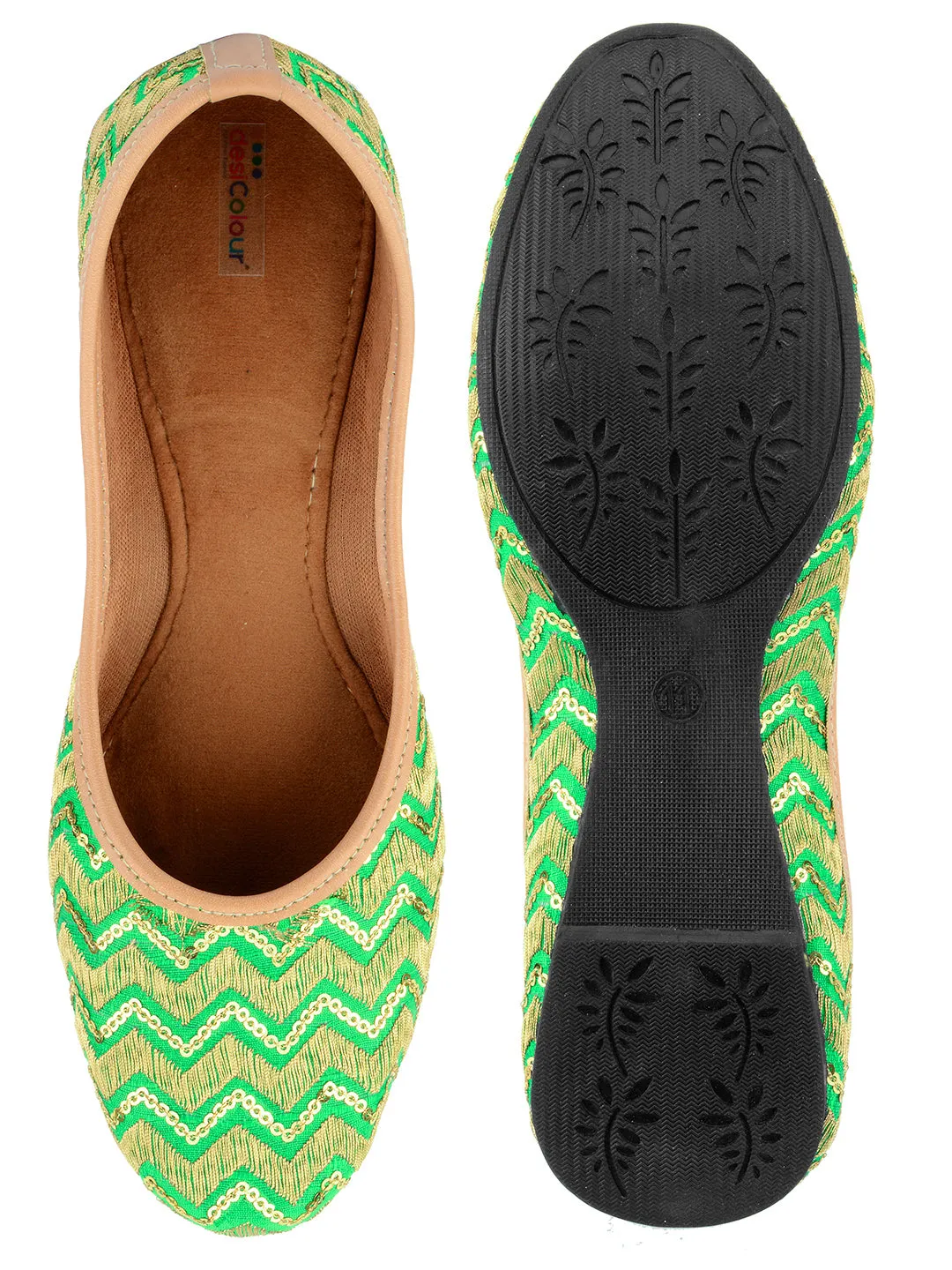 DESI COLOUR Women Green Embellished Leather Ethnic Ballerinas Flats