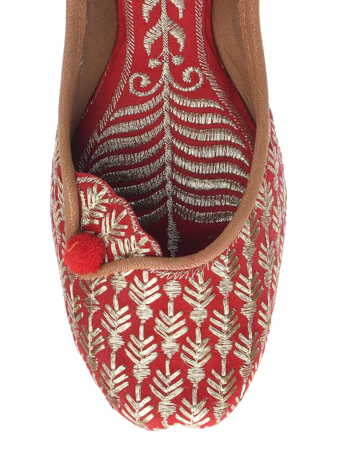 DESI COLOUR Women Red Ethnic Mojaris with Embroidered Flats