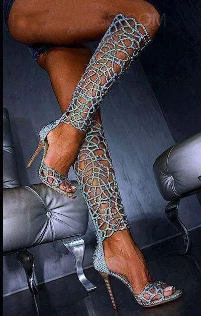 Fashion Light Blue Hollow Out Boots Night Club Sandals