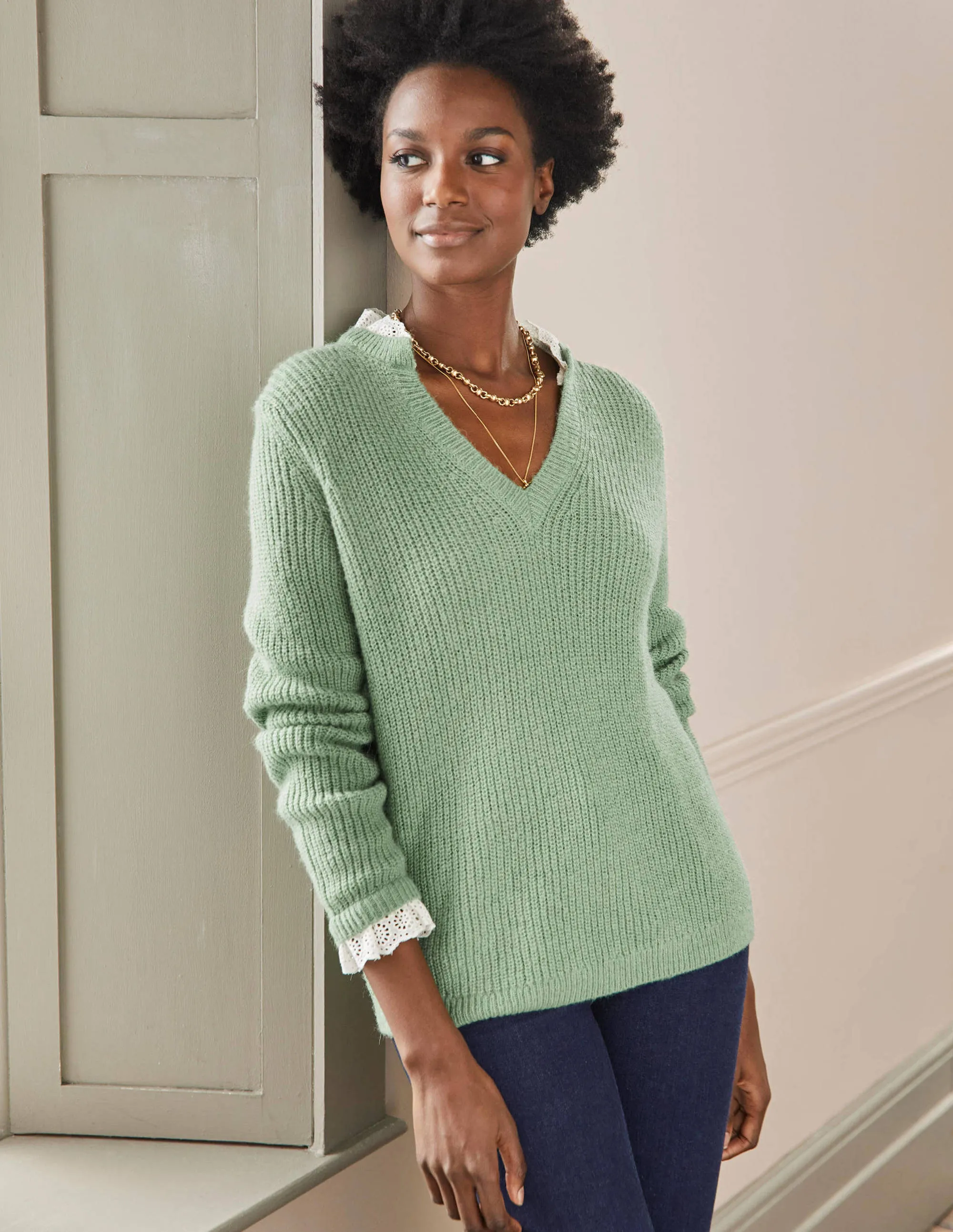 Fluffy Ribbed Mix Jumper-Basil