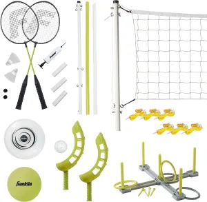 Franklin Sports Fun 5 Combo Outdoor Game Set - Backyard, Beach   Camping Games for Kids - Badminton, Volleyball, Flip Toss, Flying Disc - Horseshoes or Ring Toss