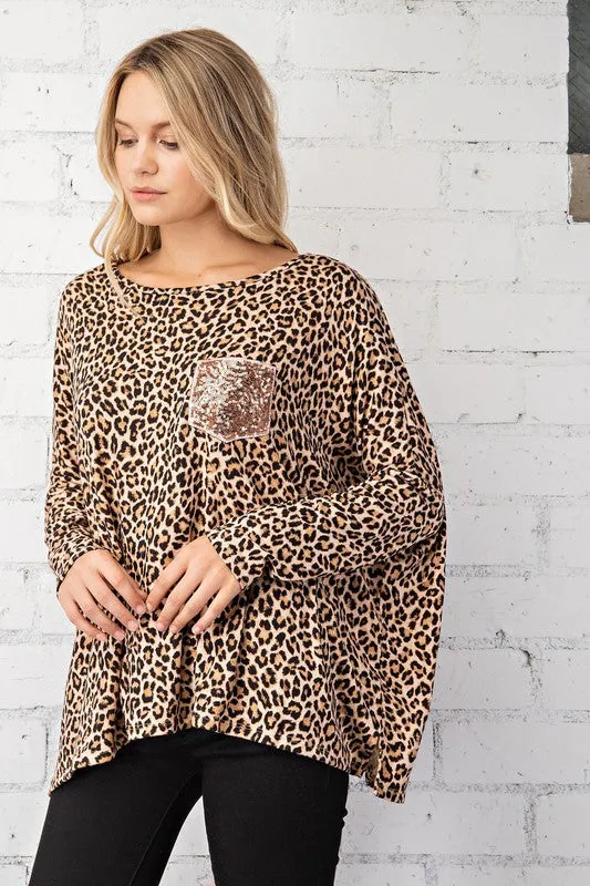 FSL Apparel Leopard Top With Rose Gold Sequin Pocket