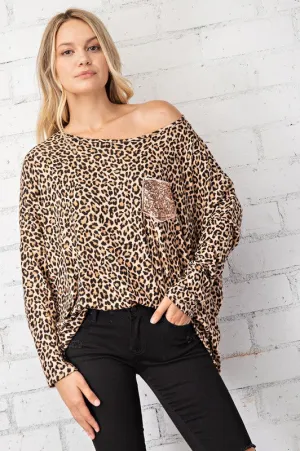 FSL Apparel Leopard Top With Rose Gold Sequin Pocket