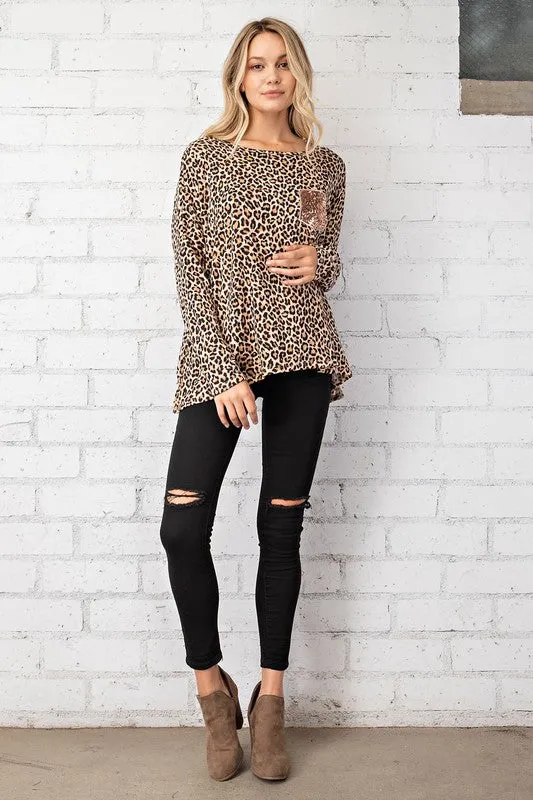 FSL Apparel Leopard Top With Rose Gold Sequin Pocket