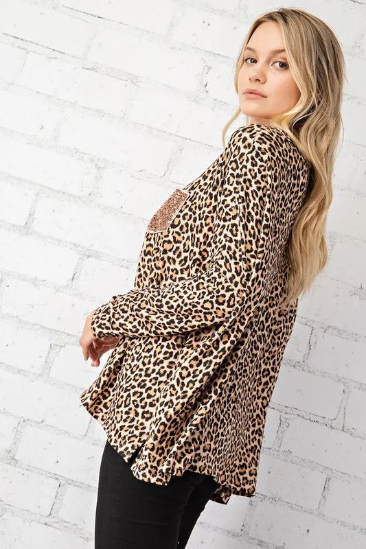 FSL Apparel Leopard Top With Rose Gold Sequin Pocket