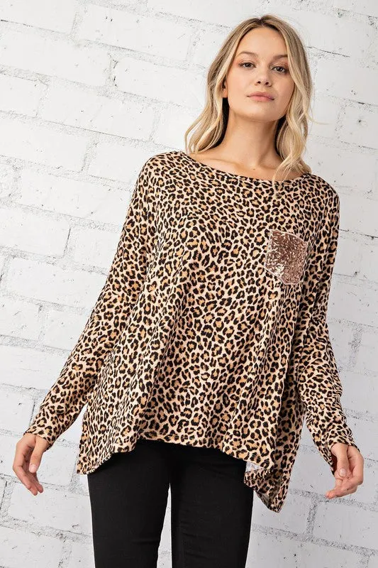 FSL Apparel Leopard Top With Rose Gold Sequin Pocket
