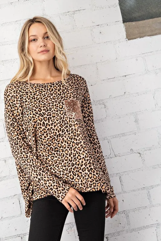 FSL Apparel Leopard Top With Rose Gold Sequin Pocket